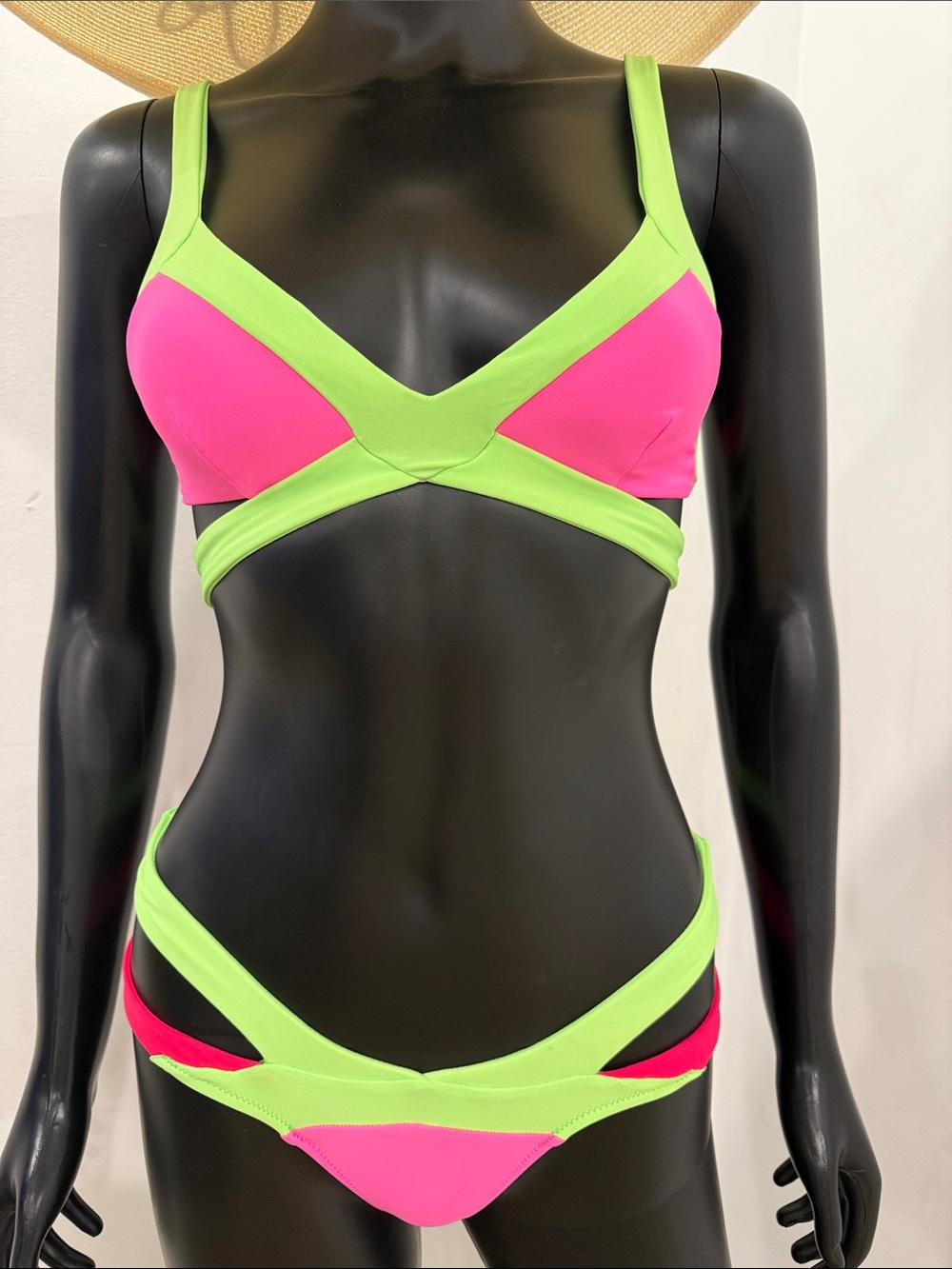 Agent Provocateur Neon Cutout Bikini Set Pink Green Rare Resort Swimwear Size 2